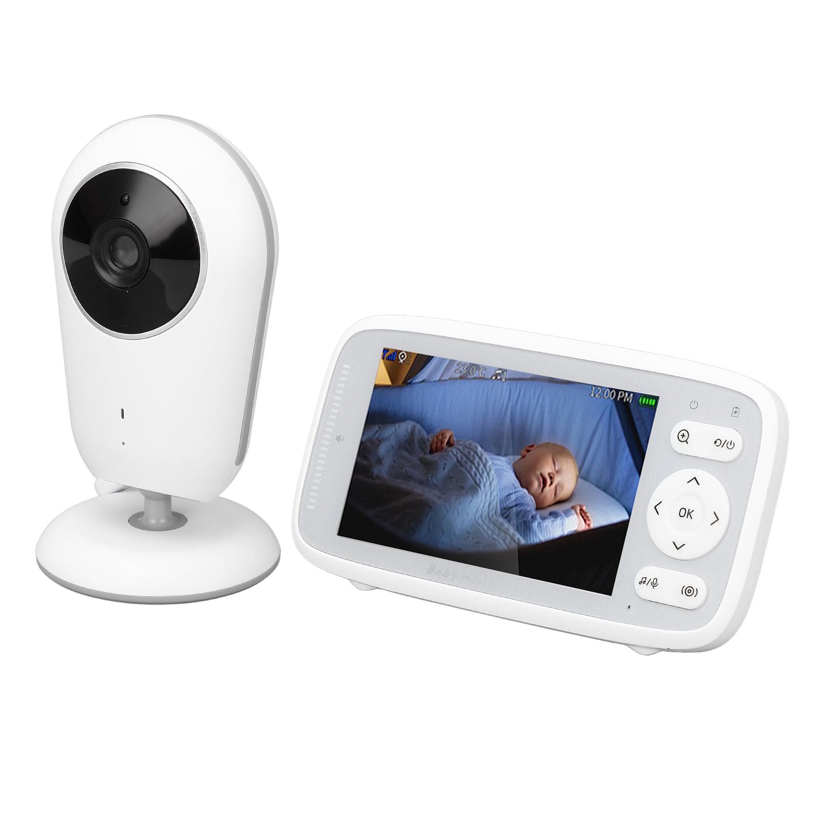 Baby Monitor, Baby Monitor Video con Schermo da 4 Pollici con Fotocamera e Audio, Supporto Visione Notturna, Senza WiFi, Audio Bidirezionale, Ninne Nanne, Temperatura (Spina