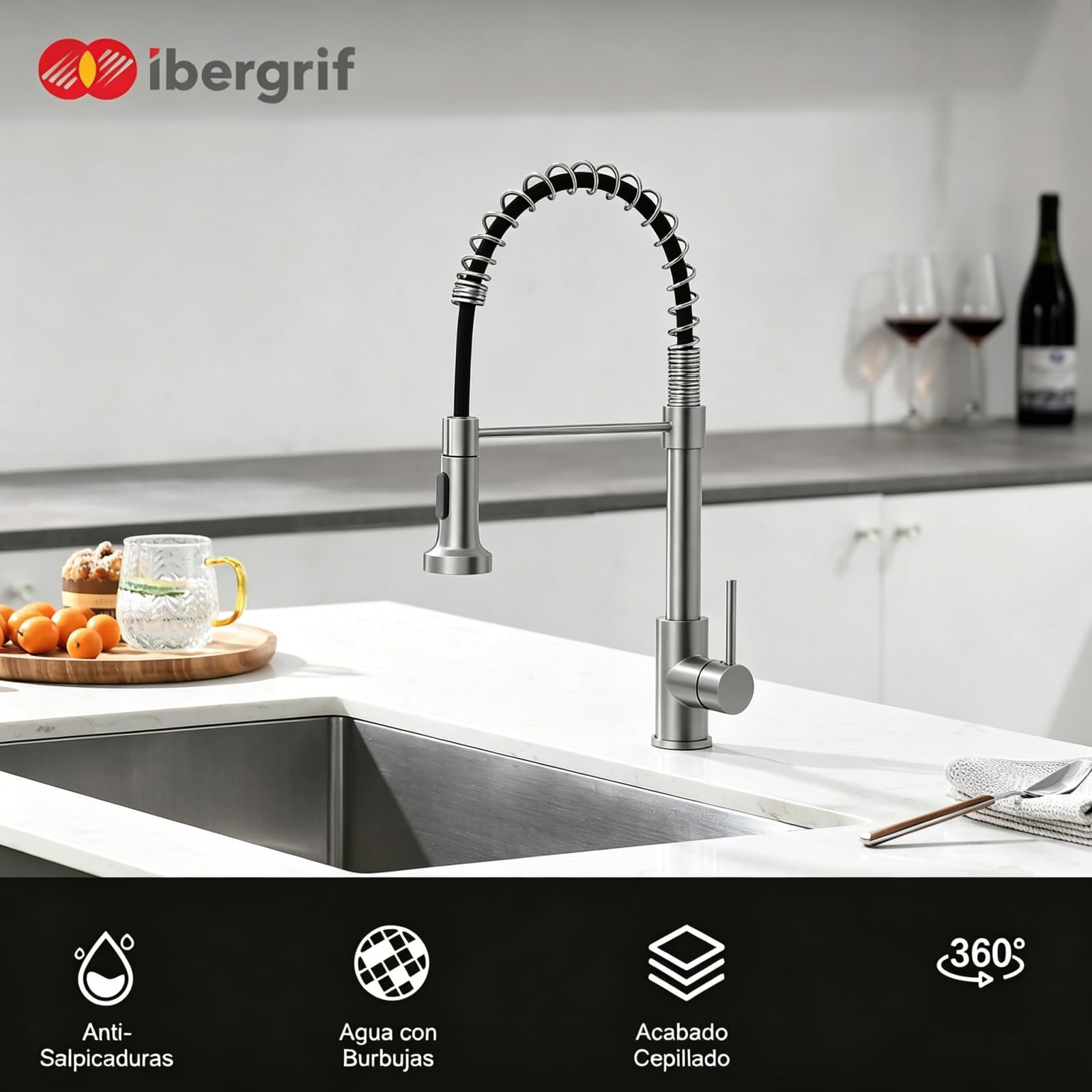 Ibergrif Grifo Cocina Extraible con Muelle, Flexible 360° Rotatoria, 2 Modos de Chorro, Torneira Cozinha Agua Fría y Caliente, Montaje de Un Solo Orificio, Fácil Instalación
