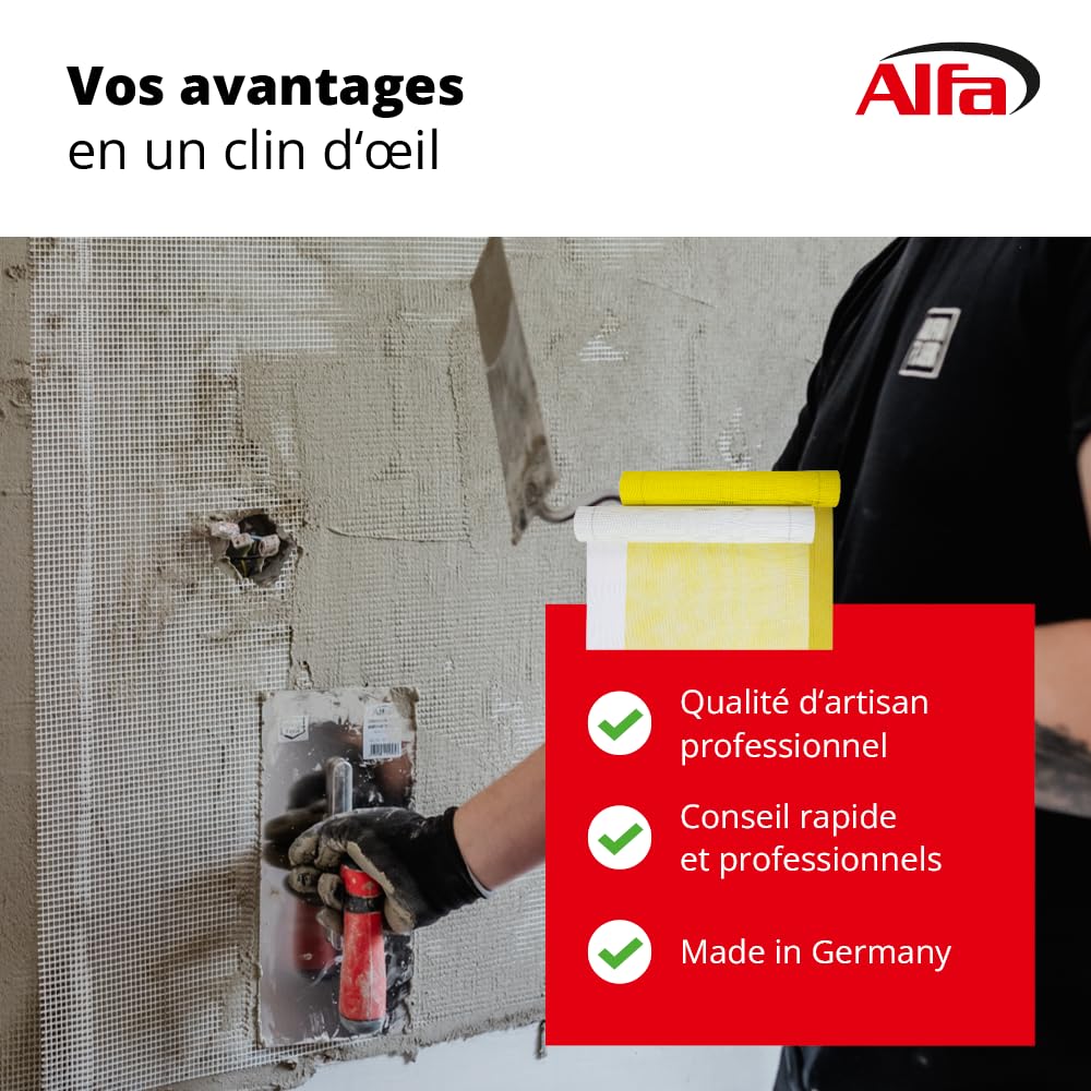 537 ALFA - Treillis en fibre de verre renforcé, 2 pièces, jaune, 500mm x 50m, 165 g/m², maille 4 x 4 mm pour enduit façade, pour éviter toutes fissures