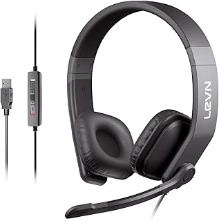 LEVN Wired Headset, USB Headset with Microphone for PC with Noise Cancelling, in-line Controls & Mute Button, Computer Headset for Work from Home/Call Center/Office/Online Class/Teams/Zoom/Skype