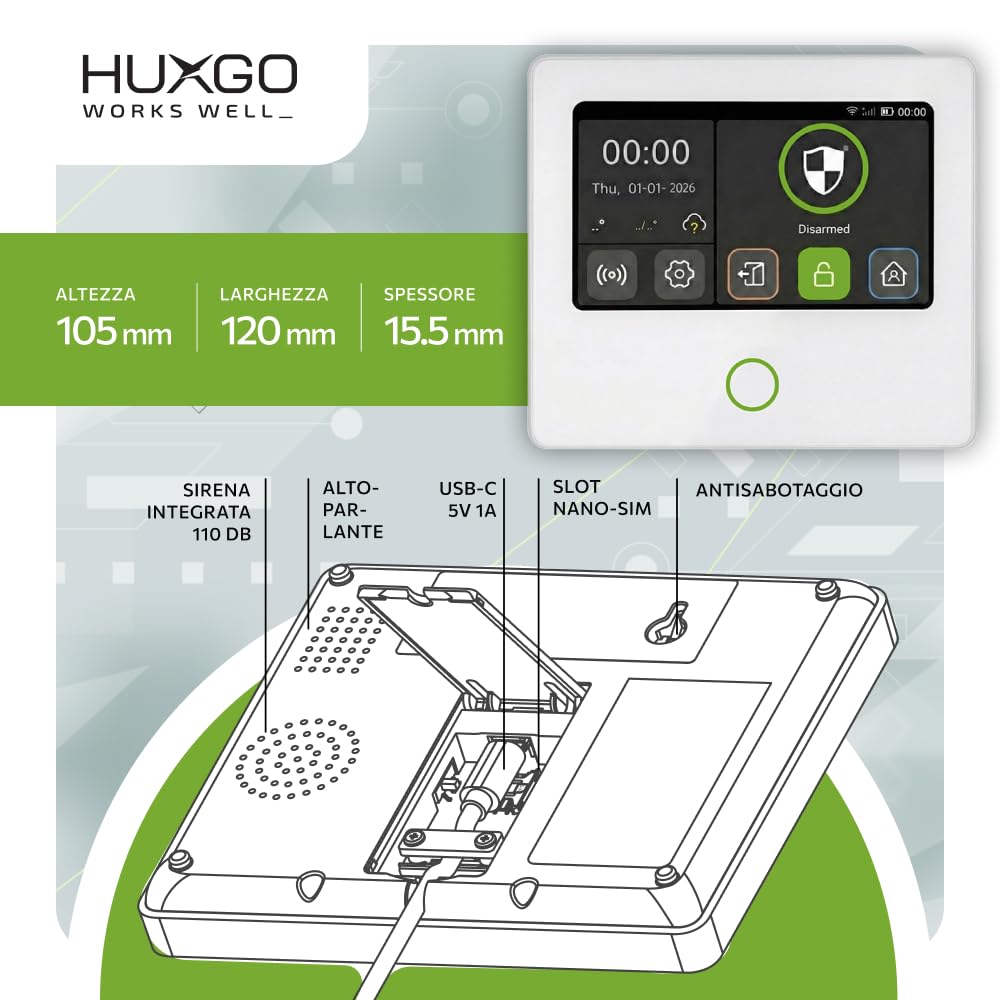 Kit antifurto casa wireless WiFi + GSM con sirena solare | Sistema allarme casa senza fili con 1x sensori di movimento, 1x sensori per finestre/porte | Compatibile con TUYA - Modello HUXGO HXA502