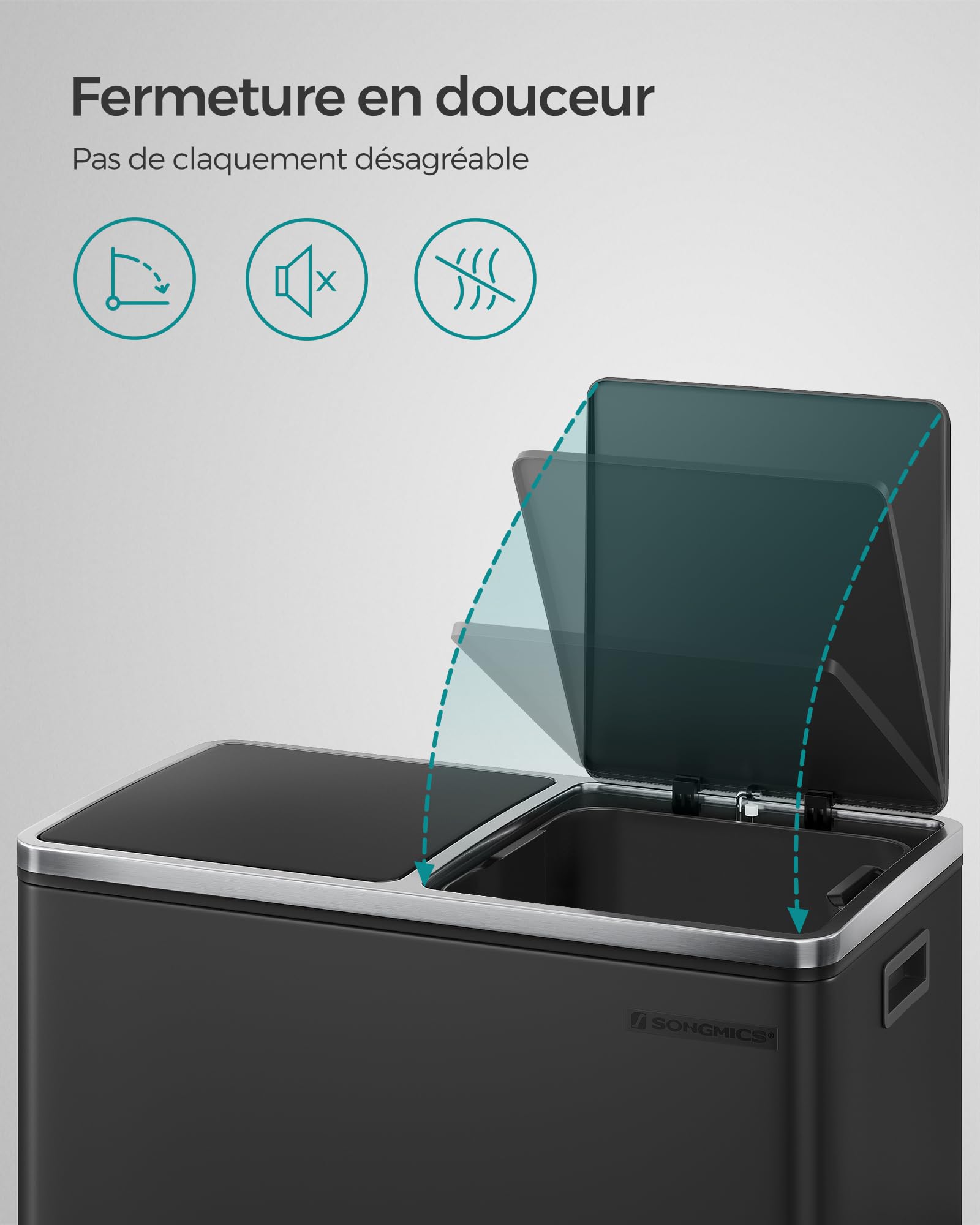 SONGMICS Poubelle Cuisine Tri Sélectif 2 x 30L, 2 Seaux en Plasatique, avec 15 Sacs Poubelles, Pédales en Métal, Couvercles, Poignées, Fermeture en Douceur, Hermétique, Noir LTB60BK