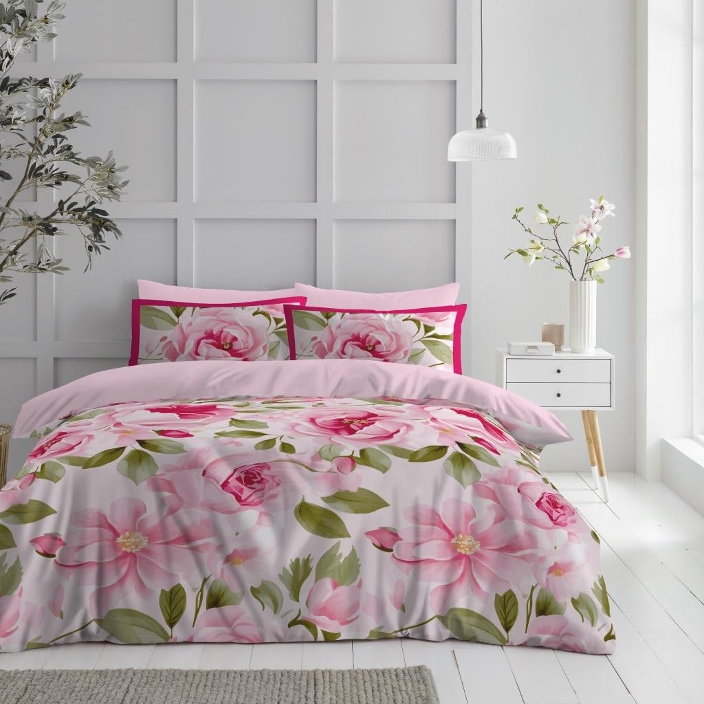 Lions Pink Floral Bedding Set - Microfibre Soft Printed King Size Duvet Cover With Matching Pillowcase - 100% Polyester Reversible Flowers Print Quilt Covers, 230X220cm