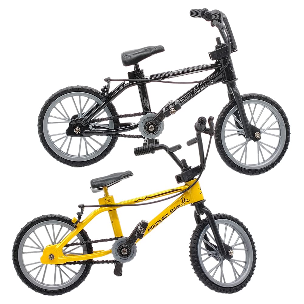 2 Pcs Mini Bike Model,Yellow and Black Finger Bikes,Free Standing Finger Mountain Bike Toy,Finger Bicycle Toy Tabletop Ornament, Home Decorative Crafts for Children and Adults