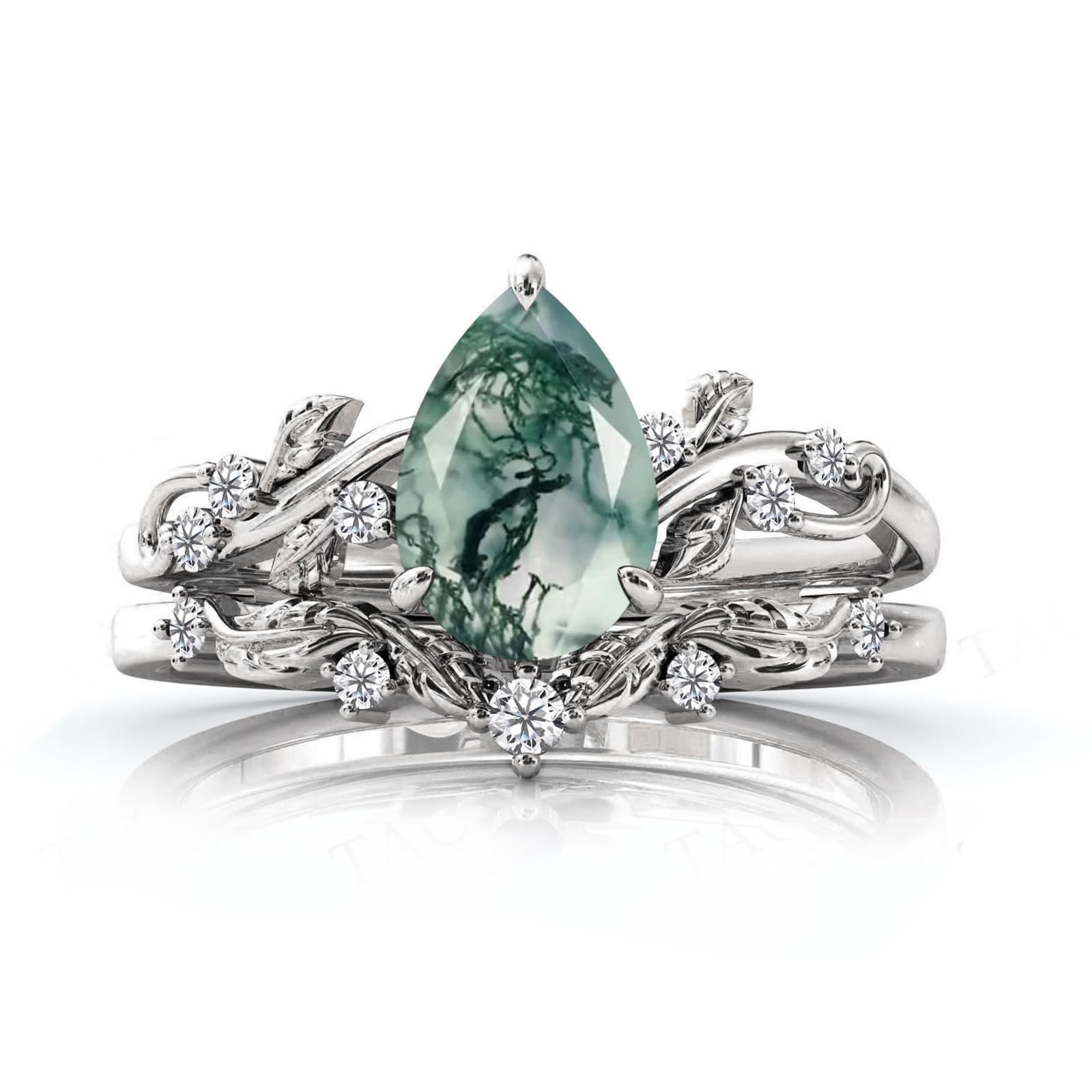 LELOUCHY Natural Moss Agate Engagement Ring Set