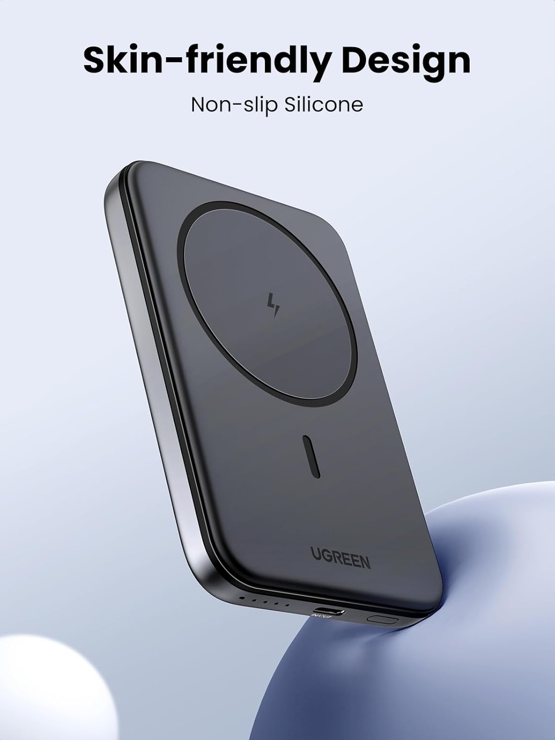 Close-up of UGREEN Magnetic Power Bank showing its skin-friendly design