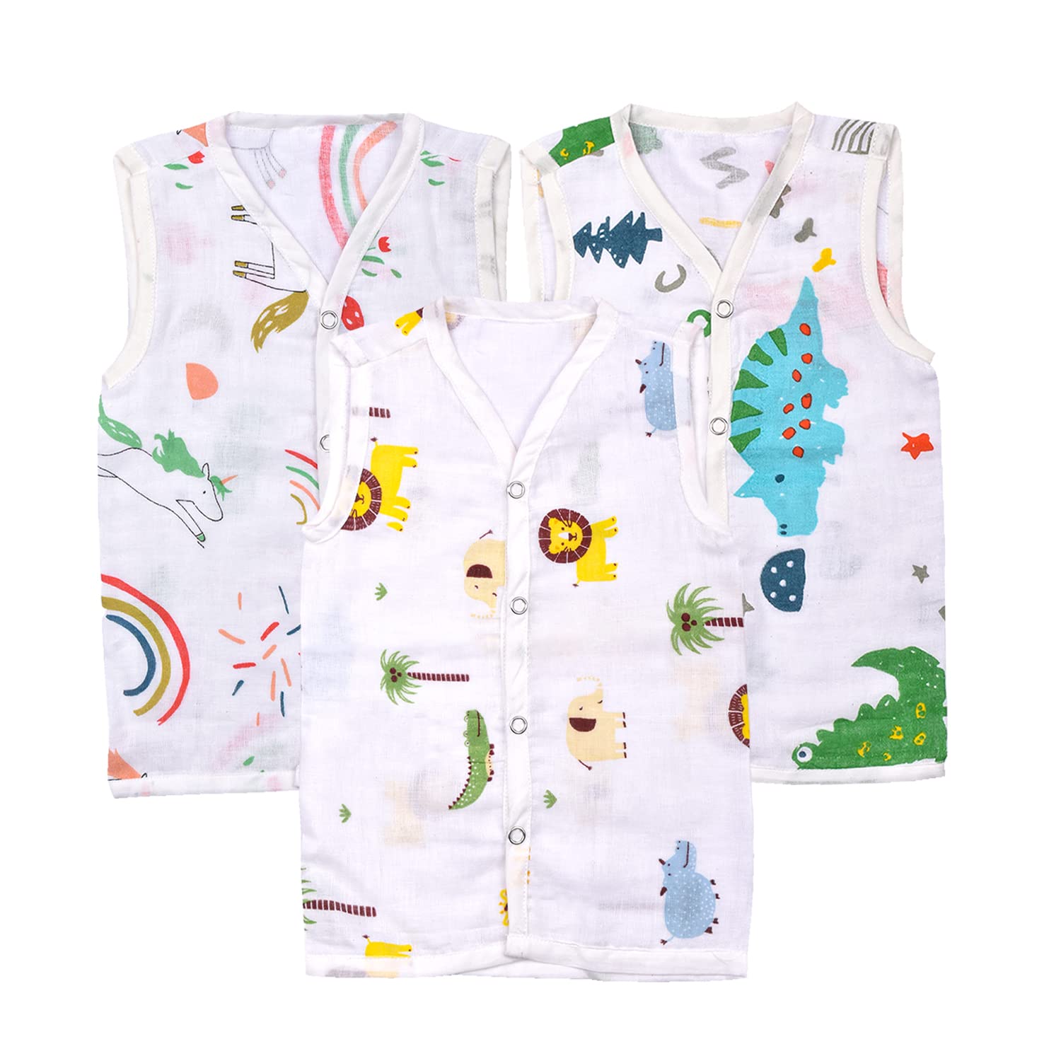 MOM'S HOME Baby Unisex Organic Cotton Muslin Jhabla - Unicorn, Lion, Dinosaur 0-3 Months Pack of 3