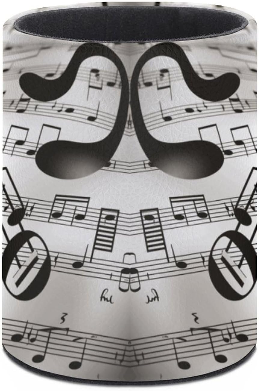 Music Notes Print Pen Holder Round Pencil Holder PU Leather Desk Organizer Makeup Brush Holder Modern Desk Accessories Holder Pencil Cups for Office Supplies image 3