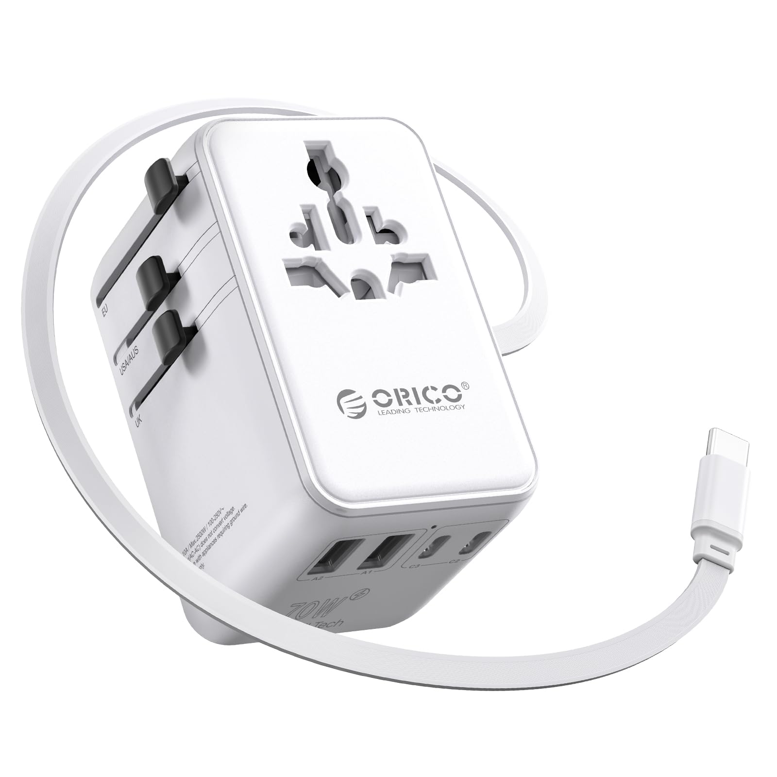 ORICO 70W GaN Reiseadapter mit Ausziehbarem Kabel, 7-in-1 Reisestecker, 3USB-C 2USB-A 2AC, 2 Sicherungen, Internationaler Adapter für Europa, UK, USA, Asien - UAX(Weiß)