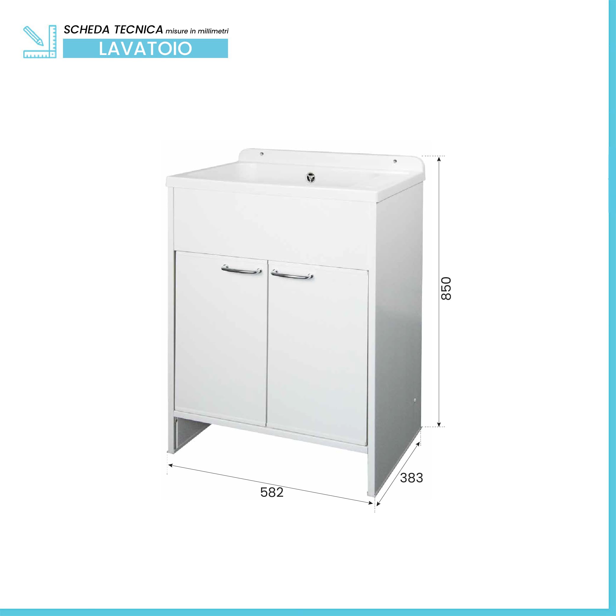 Inbagno Mobile Lavatoio Salvaspazio 58 Cm In PVC Bianco Con Vasca E Piletta In Acciaio Inox – Mobile Lavanderia Slim A Due Ante Con Piedini Regolabili E Maniglie Cromo – Kit Di Montaggio Incluso