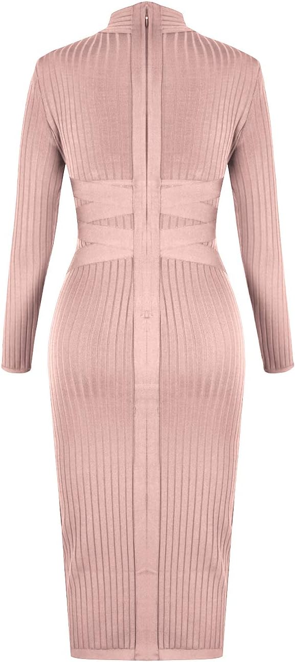 whoinshop Women's Cross Strap Ribbed Bandage Long Sleeve Midi Fall Winter Bodycon Party Dress - Image 5