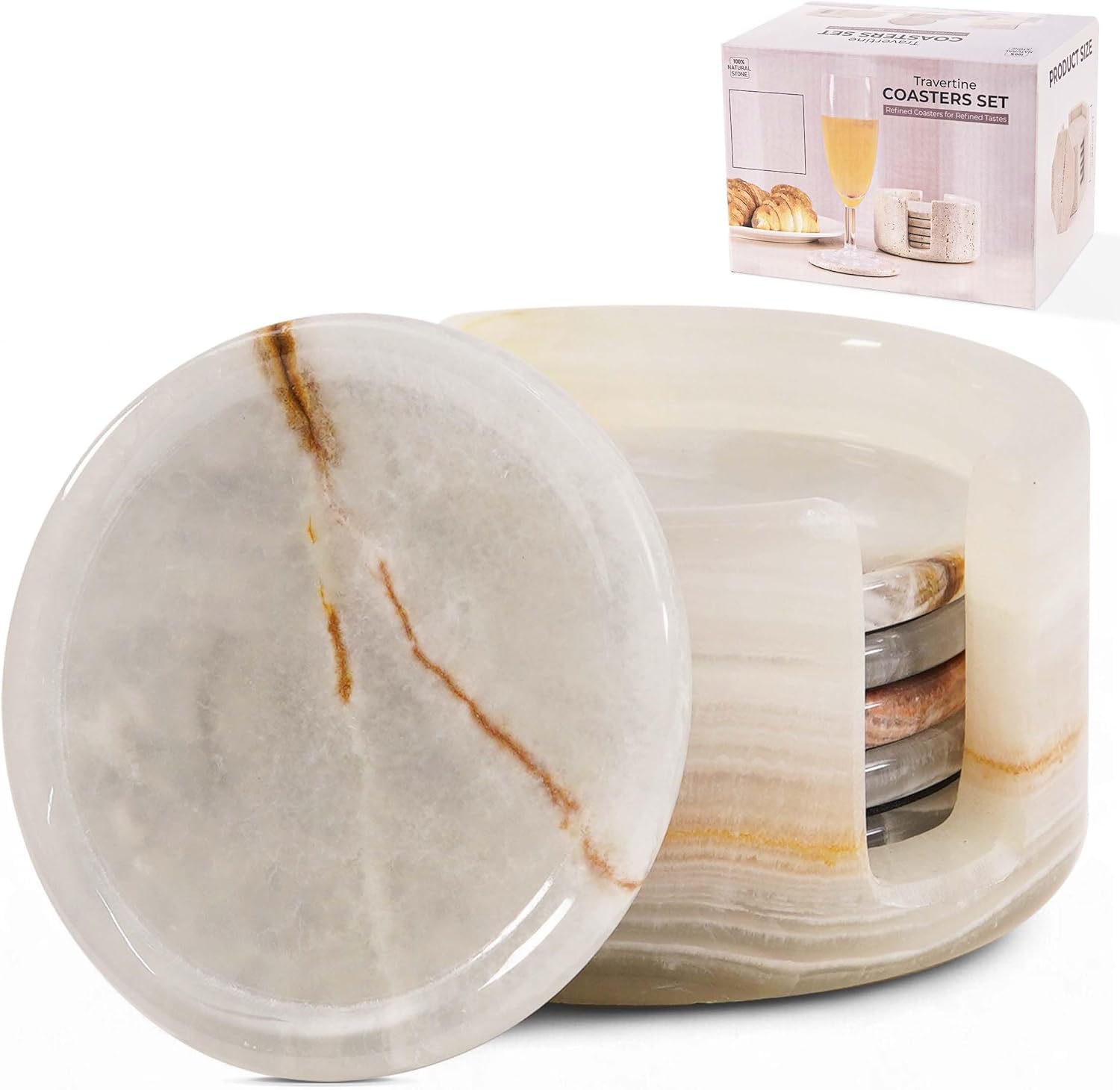 Radicaln Set di sottobicchieri rotondi in marmo per bevande da 8,9 cm in onice verde, fatti a mano, set di sottobicchieri da ufficio, contenitori da cucina, sottobicchieri (White Onyx)