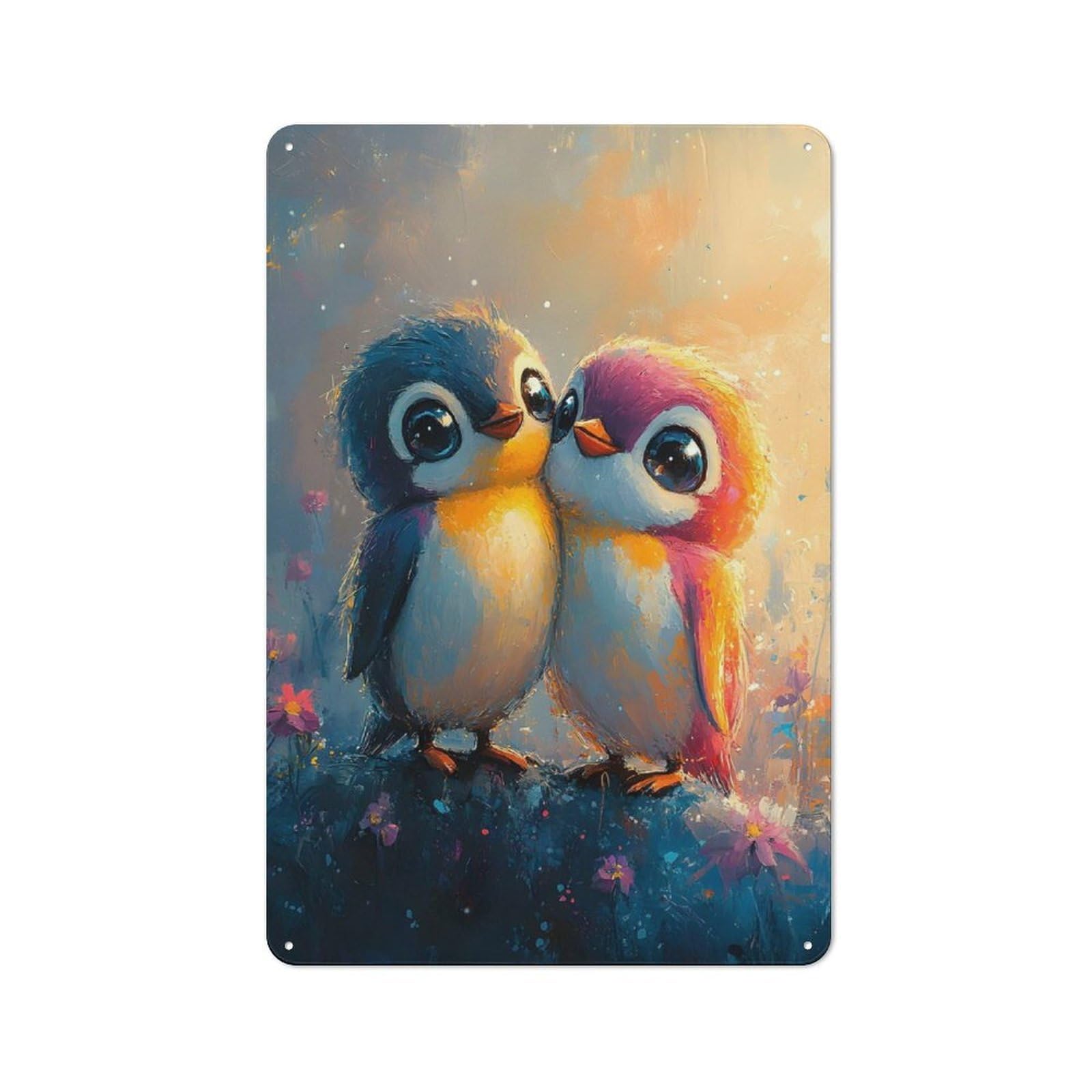 Junmoney Cute Oil Paint Penguin Couple Decorative Metal Plaque 30X20cm, Garage Style Shed Wall Plaque For Workshop, Basement, Shed Or Games Room