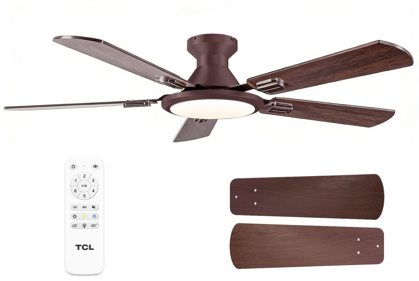 Photo 1 of TCL 52" Ceiling Fan with Light: Wood Grain Blades Copper Bronze Finish Low Profile Ceiling Fan with Light and Remote Control Flush Mount DC Reversible Motor Noiseless 6 Speeds for Bedroom(Brown)