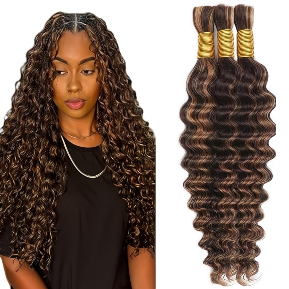 Tuheerst 28 28 28 Inch Deep Wave Bulk hair for Braiding P4/30 Light Brown Cheveux humains 3 Bundles/Pack No Weft Premium Braiding Hair Extensions for Boho Braids With Minimal Tangle