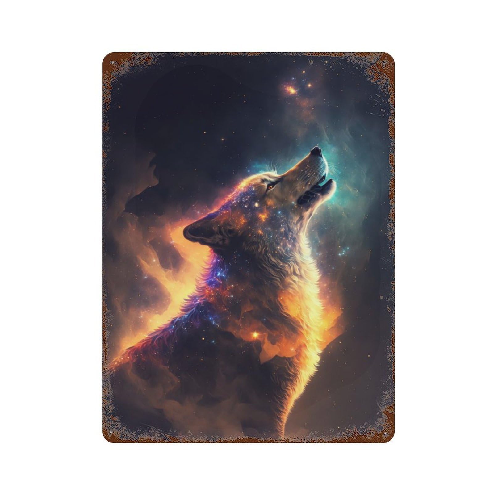 Rust Effect Lone Wolf in Space Aged Metal Wall Plaque 15.7"x11.8", Farmhouse Wall Decor for Office, Studio And Wall Decor