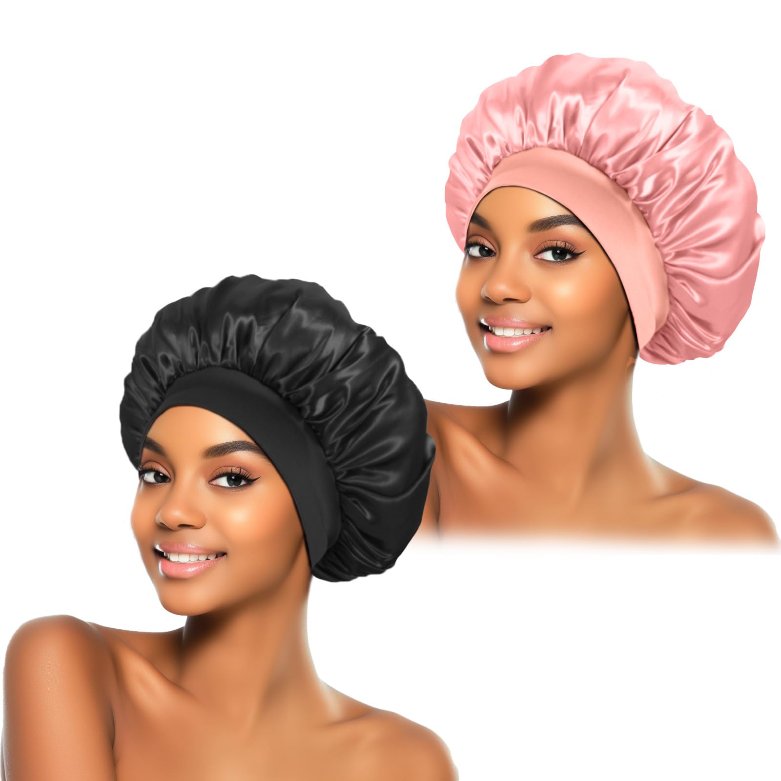2Pcs Silk Bonnet for Sleeping, Satin Hair Bonnets, Soft Elastic Band Silk Sleep Cap, Hair Wrap for Women, Color-j Black+pink, M/One size