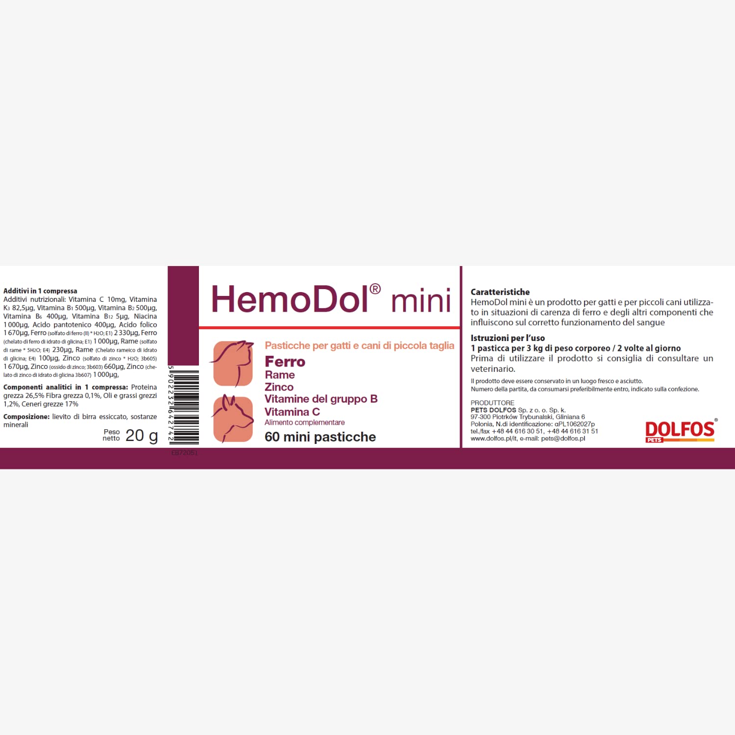 Pets Dolfos Hemodol 60 Mini comprimés - Support complémentaire pour chien et chat pour anémie - Formule avancée contre la carence en fer - Contient du fer, du cuivre zinc et des vitamines