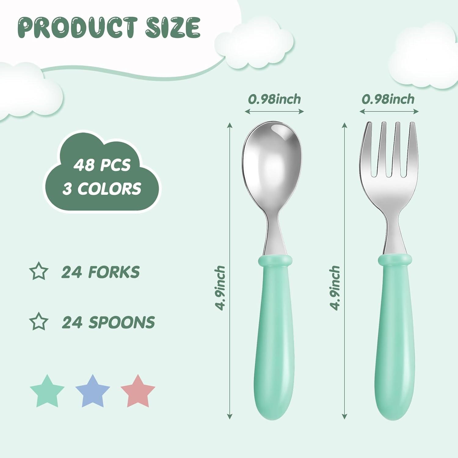 Dandat 48 Pcs Toddler Utensils Kids Silverware Set Stainless Steel Baby Forks and Spoons Toddler Safe Flatware Metal Kids Cutlery with Round Thick Grip Handles for Self Feeding, Dishwasher Safe