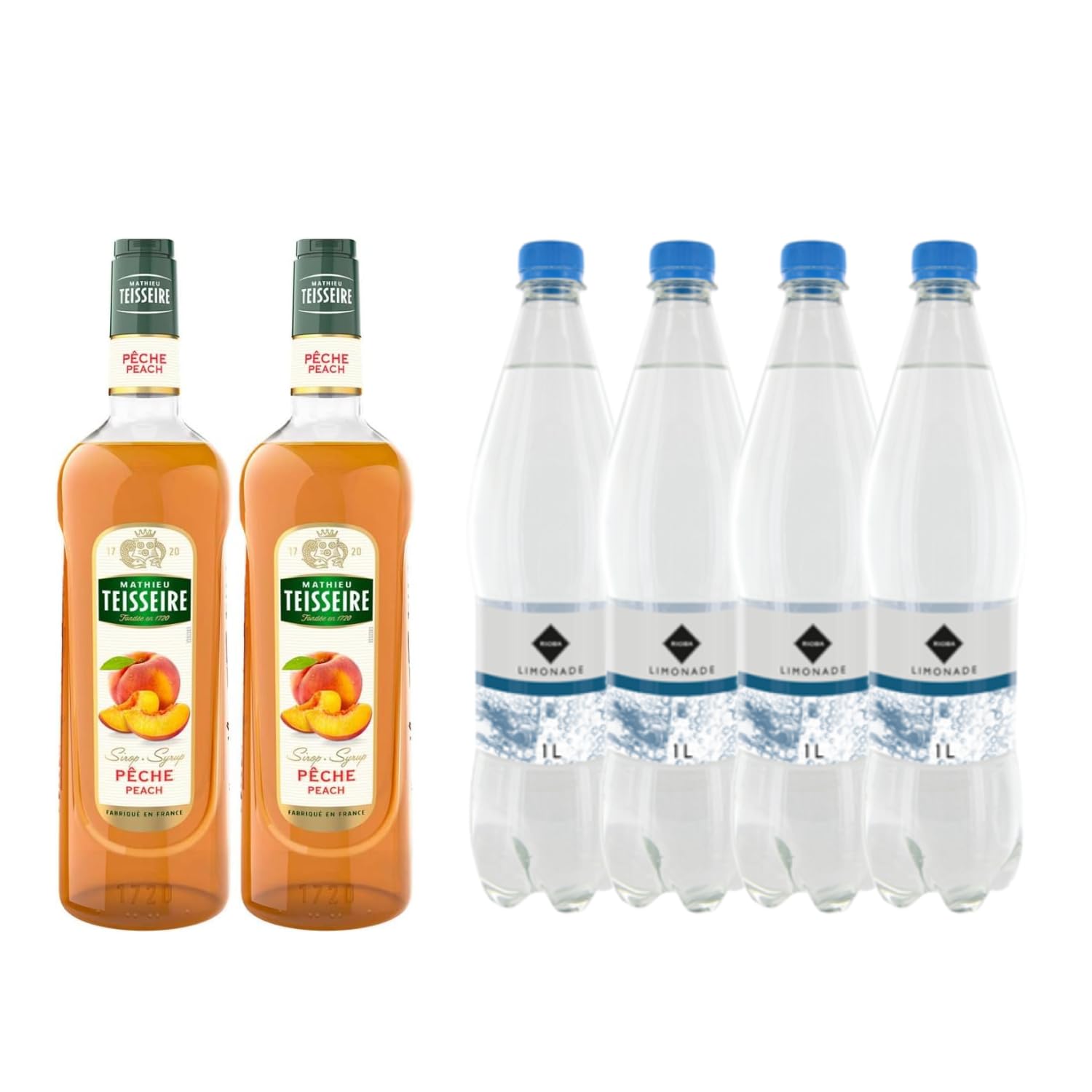 Lot sirop & limonade : Sirop Teisseire - Pêche (2x1L) – Limonade Rioba (4x1L)