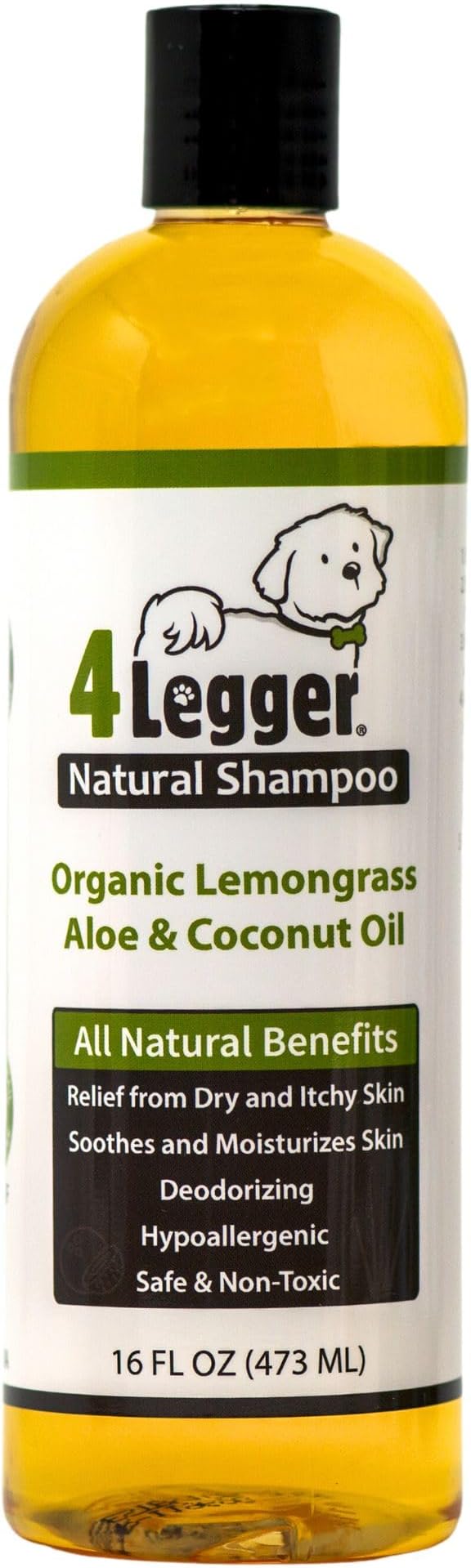4-Legger® Certified Organic Dog Shampoo - All Natural, Hypoallergenic with Aloe - Lemongrass, Biodegradable, Non-Toxic, Soothing for Normal to Dry and Itchy Allergy Sensitive Skin - 473 ml