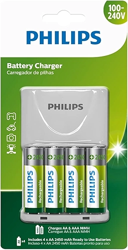 Carregador Philips de pilha recarregável AA e AAA inclui 4 pilhas AA 2.450mAh