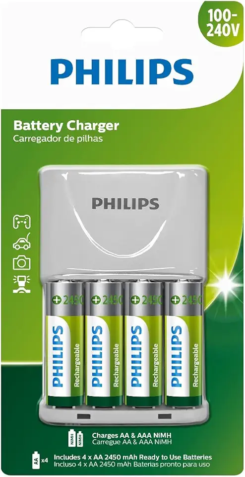 Carregador Philips de pilha recarregável AA e AAA inclui 4 pilhas AA 2.450mAh