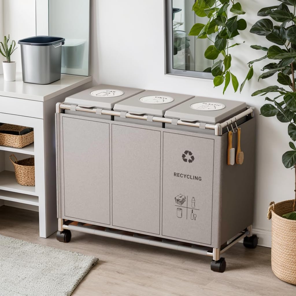 ゴミ袋ホルダー 3分別*30L ゴミ箱 ふた付き レジ袋を隠すゴミ袋スタンド 90L大容量 キャスター付きダストボックス 目隠しダストワゴン ﻿ 日本語取扱説明書 (グレー)
