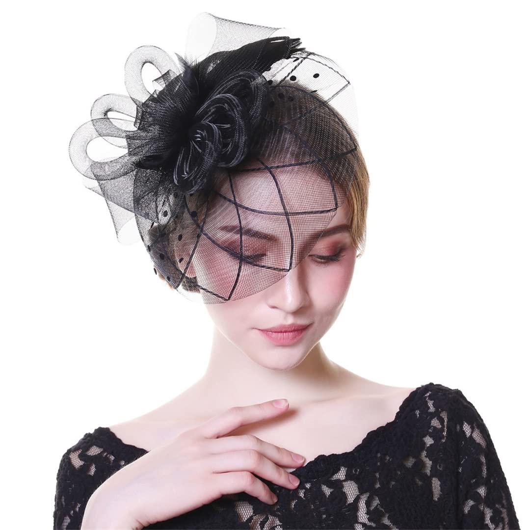 Cappello da donna con fiori, nastri in rete e piume, fascia for capelli o fermaglio for cocktail e tè.,Fermagli per capelli con fiori e piume(9063)