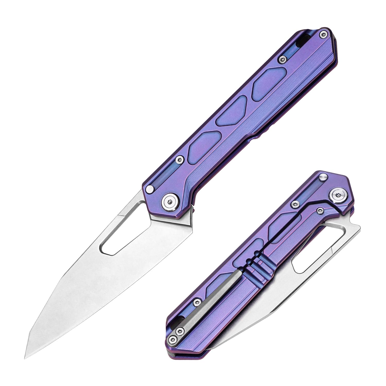 TACRAY Titanium Folding Knife, 10Cr15MoV Steel Blade EDC Pocket Knife, Lightweight Frame Lock Outdoor Utility Knife for Camping, Hiking, Everyday Carry (Purple)