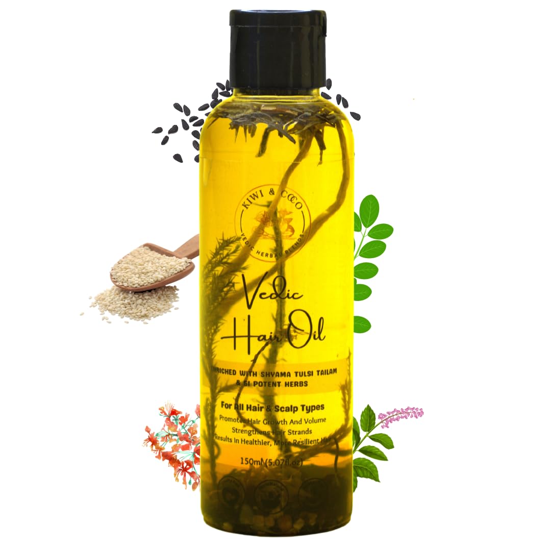 Kiwi & Coco Hair Oil enriched with Shyama Tulsi Tailam & 51 Herbs - Herbal Hair Oil for Growth, Volume & Strength | USDA ORGANICS & UKcert Organic Certified, FDA Approved Ingredients | 150 ml