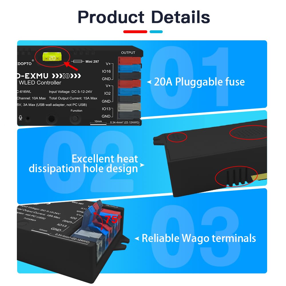 GLEDOPTO ESP32 WLED Elite Controller Relè, Ethernet, Audio Reattivo, Fusibile 20A per Strisce LED Indirizzabili Digitali WS2811, WS2812, SK6812, WS2815 (nero)