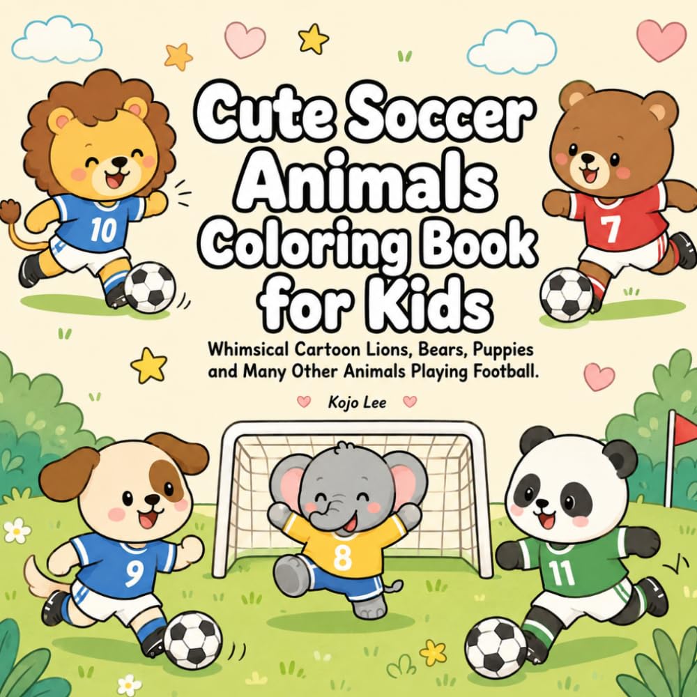 Cute Soccer Animals Coloring Book for Kids: Whimsical Cartoon Lions, Bears, Puppies and Many Other Animals Playing Football