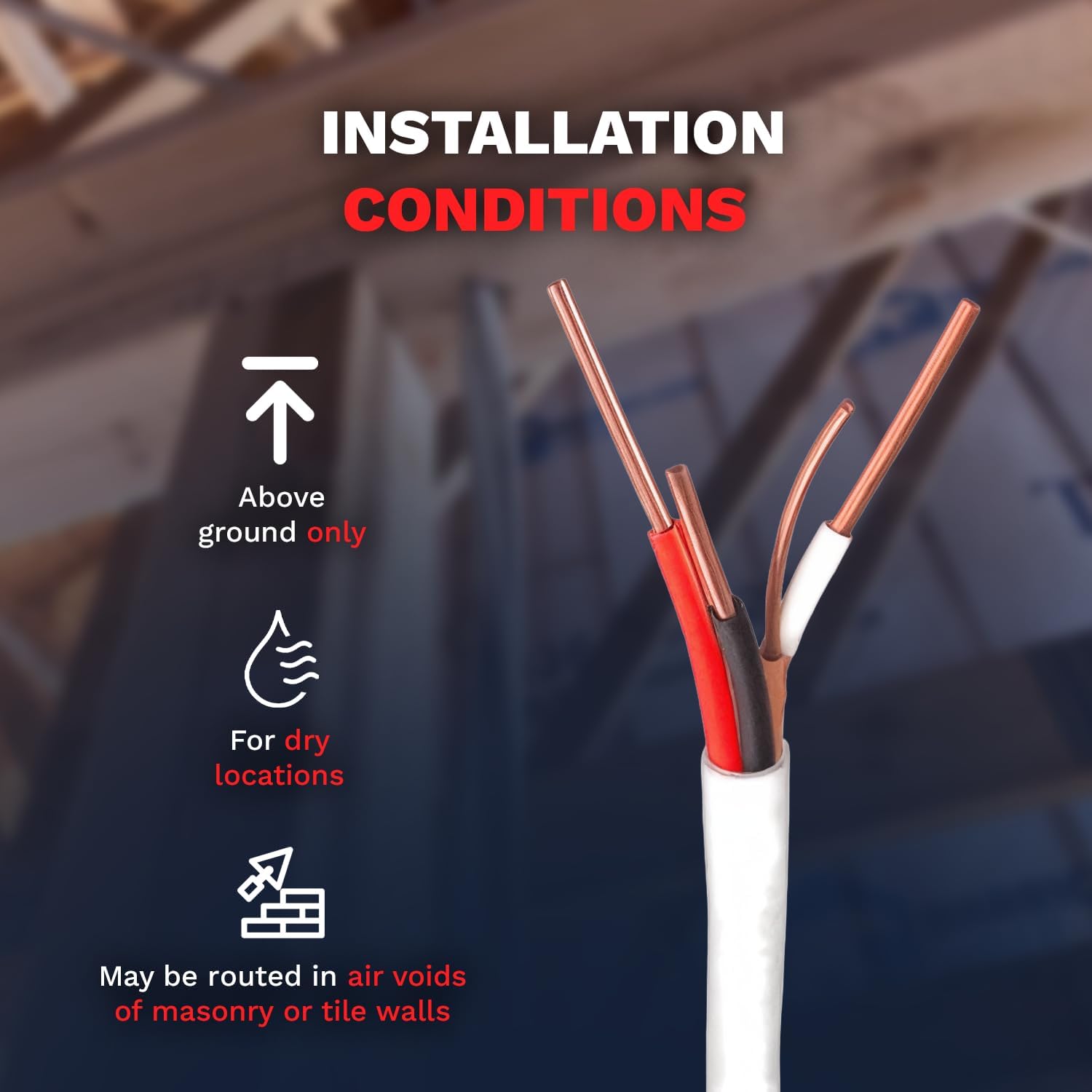 Fil électrique 14/3 NM-B avec câble de terre NMB de calibre 14, fil électrique à 3 conducteurs gaine non métallique gaine isolée pour intérieur résidentiel (30,5 m)
