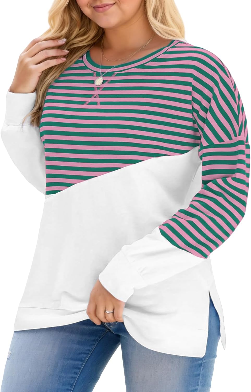ROSRISS Womens Plus Size Sweatshirts Long Sleeve Side Split Striped Colorblock Tops Oversized Crewneck Casual Pullover Shirts - Image 3