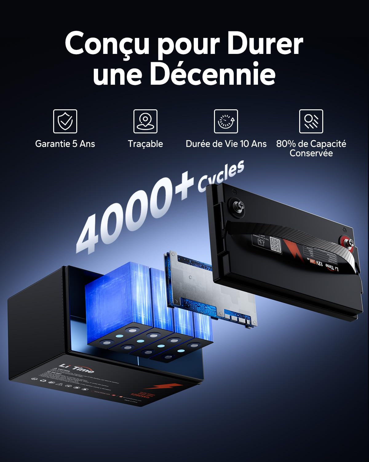 LiTime Batterie Lithium LiFePO4 12V 100Ah Pour Sièges de Camping-Car, 4000-15000 Cycles Profonds, Énergie 1280Wh, sans Entretien pour Caravane, RV, Bateau, Système Solaire, Fourgons, Hors Réseau