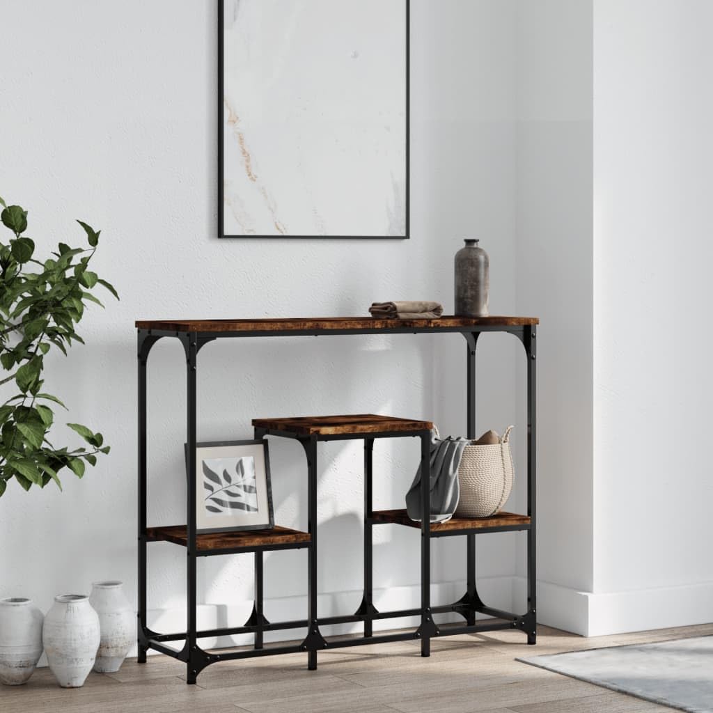 Mesa consola clásica de roble ahumado, 89,5 x 28 x 76 cm, madera multicapa con estructura de acero, amplio espacio de almacenamiento para salón, complemento de decoración práctica