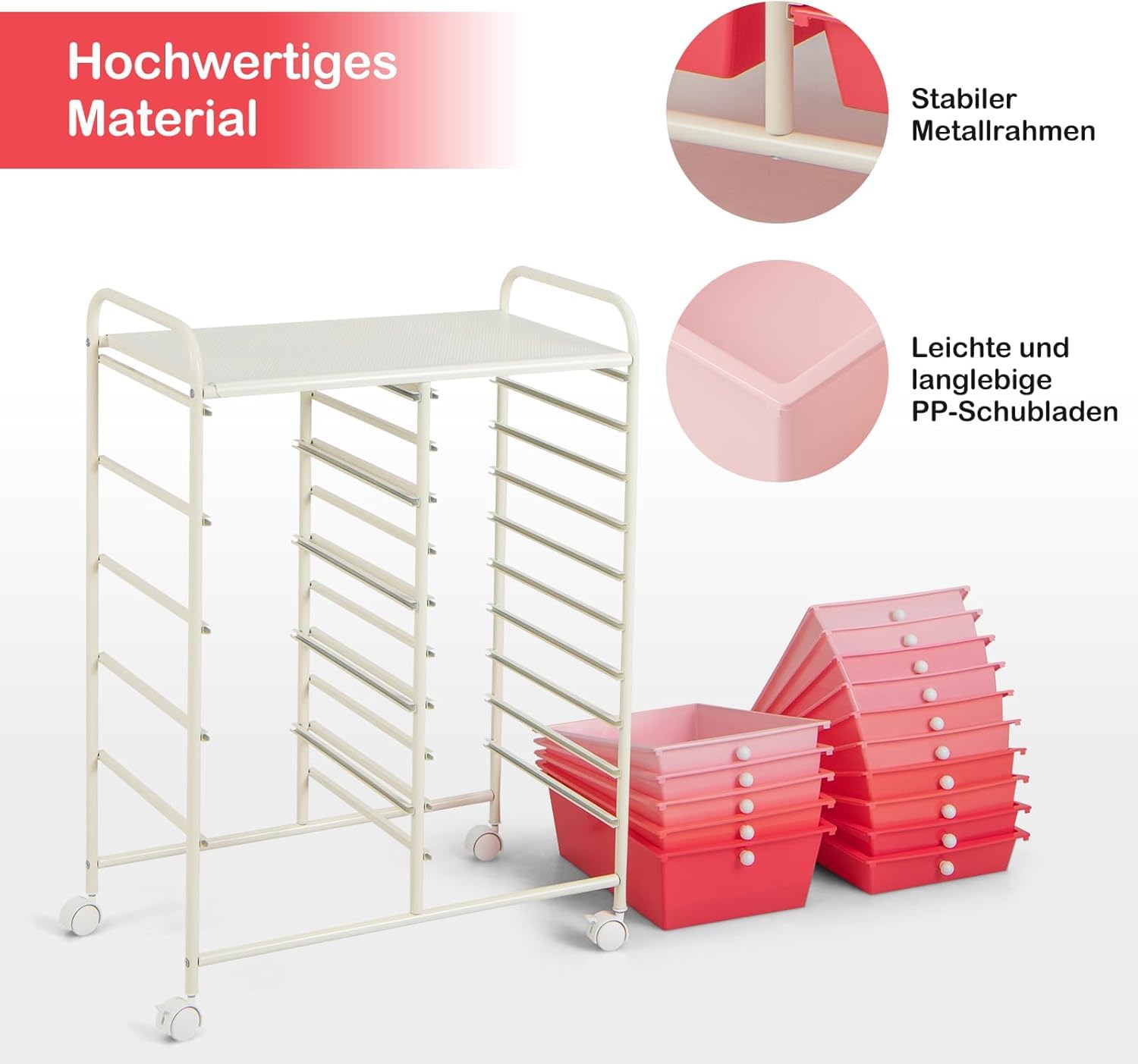 FANTASK Rollwagen mit 15 stapelbaren Schubladen, Schubladenwagen Rollcontainer mit Metallgestell, Badrollwagen Aufbewahrungswagen für Büro Wohnzimmer, 62,5 x 37 x 87 cm, Rosa