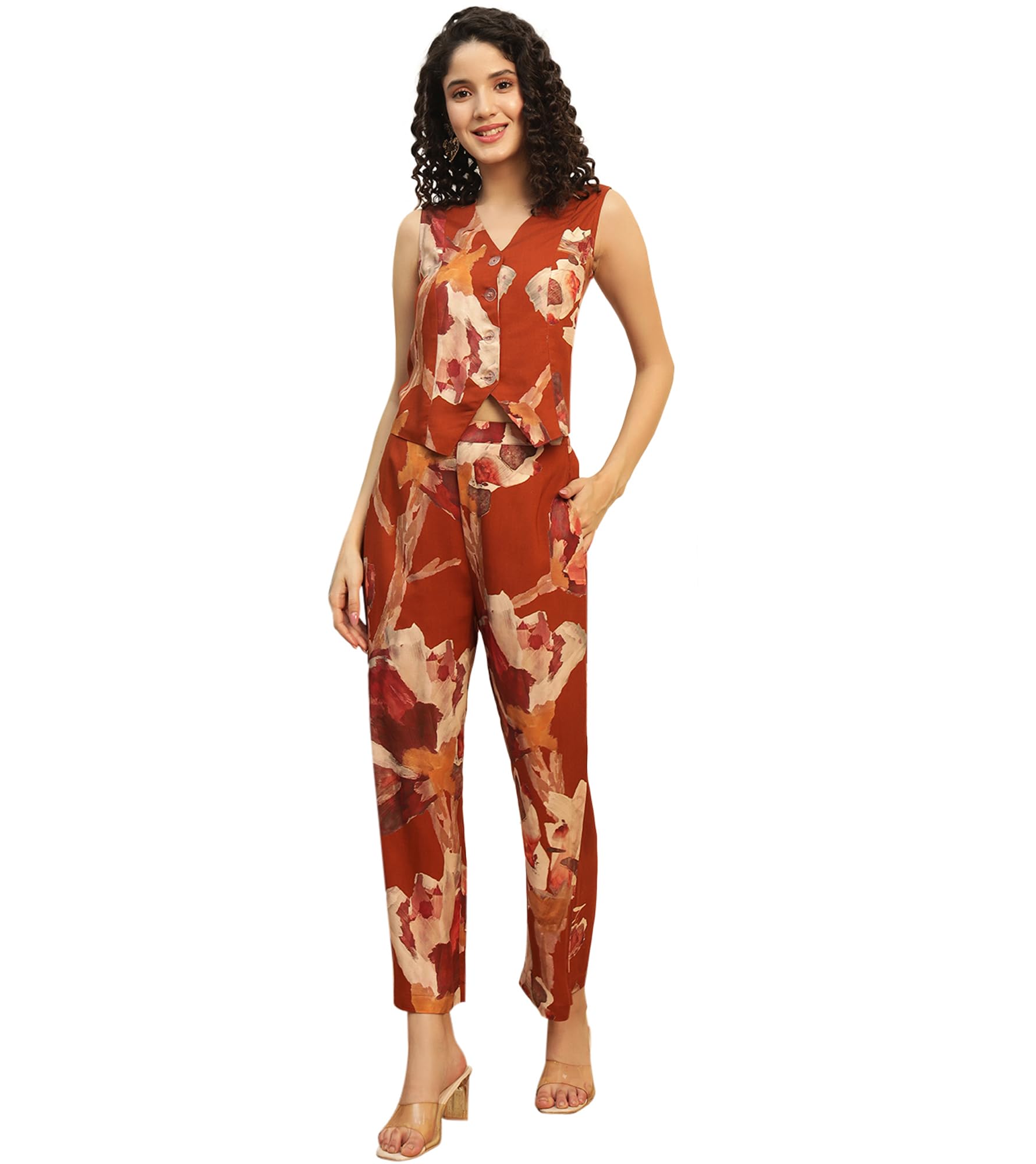 deebaco Women's Floral Rayon Ankle Length Waistcoat with Trouser|V-Neck|Cord Set for Women Fashion|Long Western Dress for Women Stylish Two Piece Co ord Set|Party Casual Wear(Multicolor)-picture-11