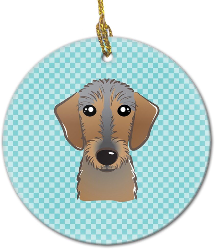 Caroline's Treasures Checkerboard Blue Wirehaired Dachshund Ceramic Ornament Christmas Tree Hanging Decorations for Home Christmas Holiday, Party, Gift, 3 in, Multicolor