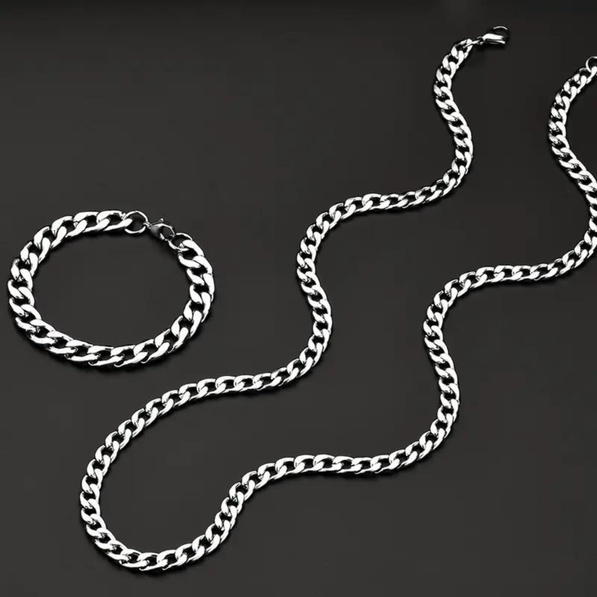 Set/Collana a catena cubana massiccia da 60 cm per uomo, catena in acciaio inossidabile placcata in oro 18 k. Fatto a mano. Regalo. Gioielli da uomo (Oro/Argento/Nero 7mm)