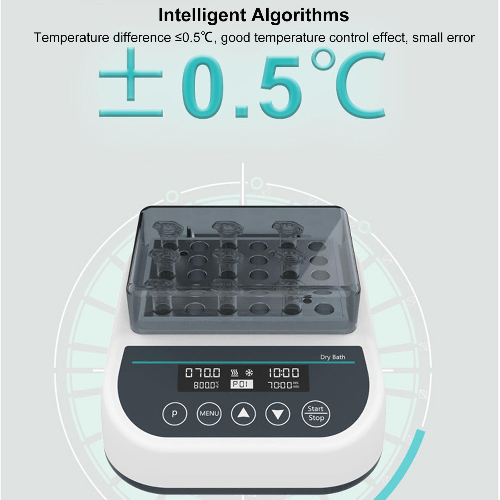 96 W Mini-Trockenbad-Inkubator mit Heiz- und Kühlfunktion, Digitaler Labor-Thermostatheizer für 0,2 Ml, 0,5 Ml, 1,5 Ml, 2 Ml Zentrifugenröhrchen, 5S-23H59min Timing-Metallmischer