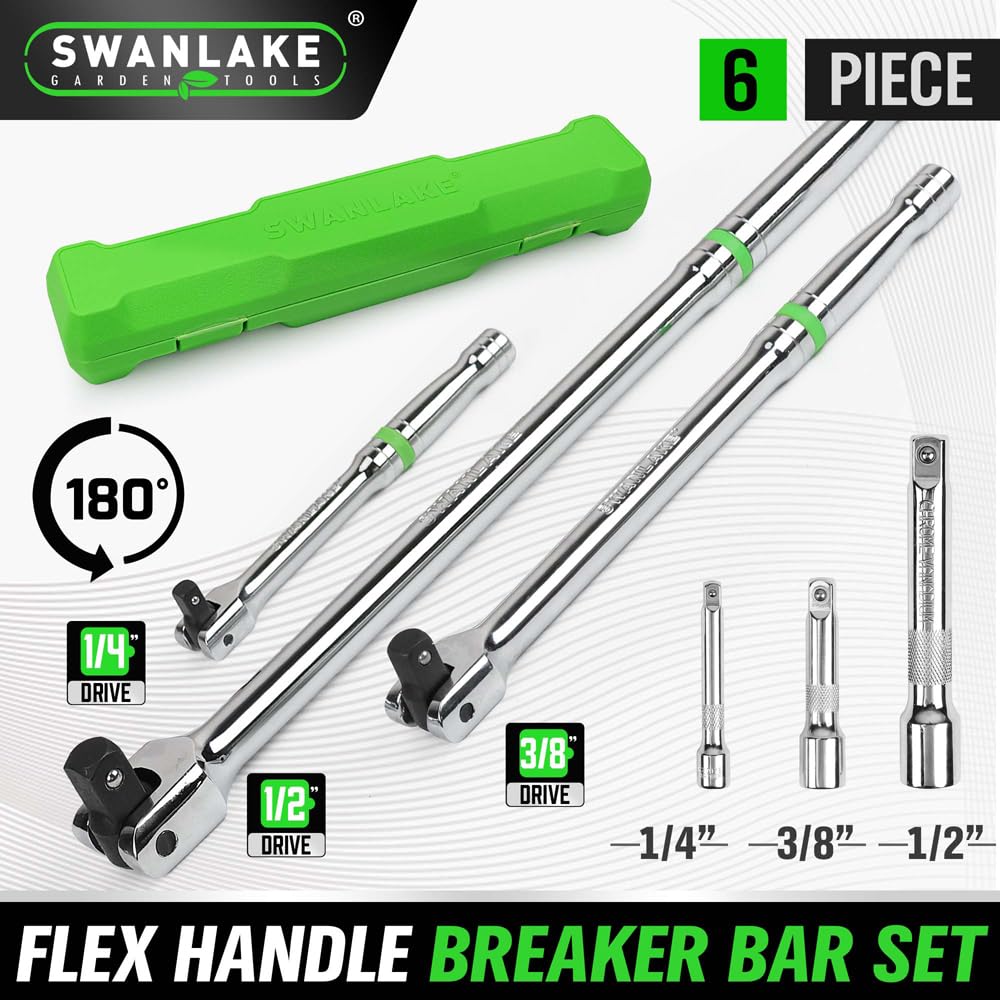 SWANLAKE 6PC Breaker Bar Set,1/4", 3/8" & 1/2" Drive,Heavy Duty Breaker Bars, 6-inch, 10-inch, 15-inch Length with 180° Rotatable Head - Image 2