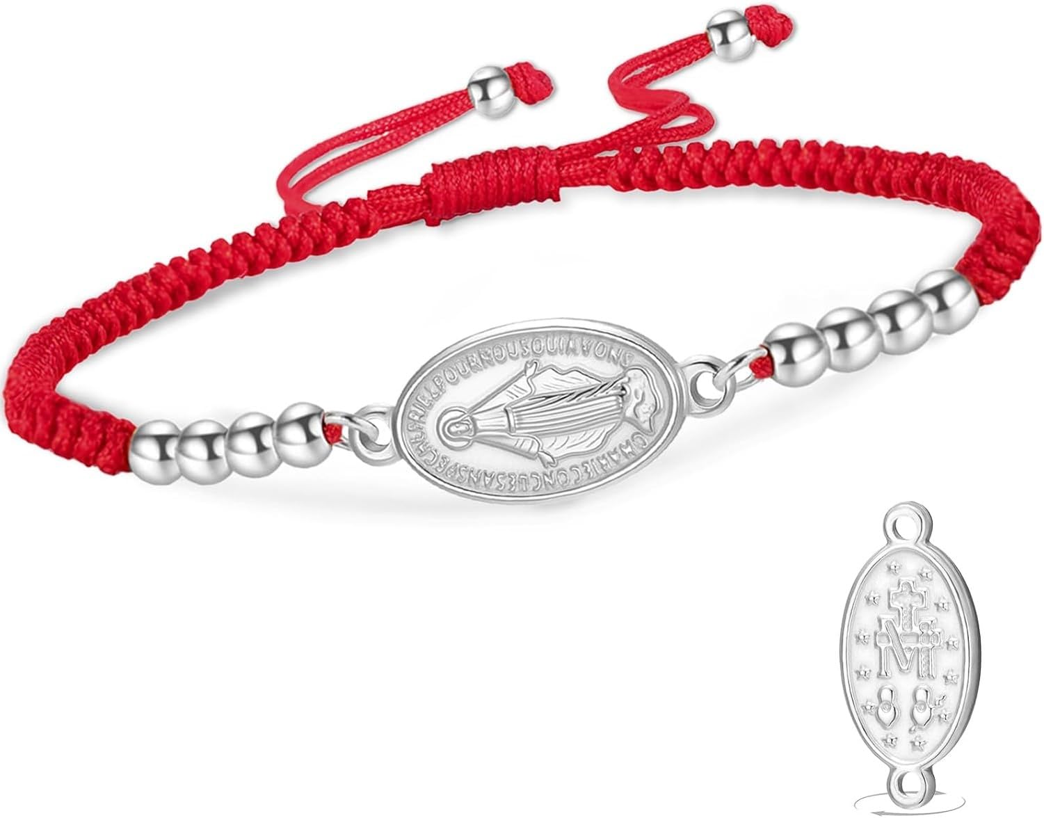 Eouyt Double Sided Rosary Bracelet for Women Men with Virgin Mary Medal Handmade Braided Rope Religious Jewelry Catholic Christian Gift, Silver 3