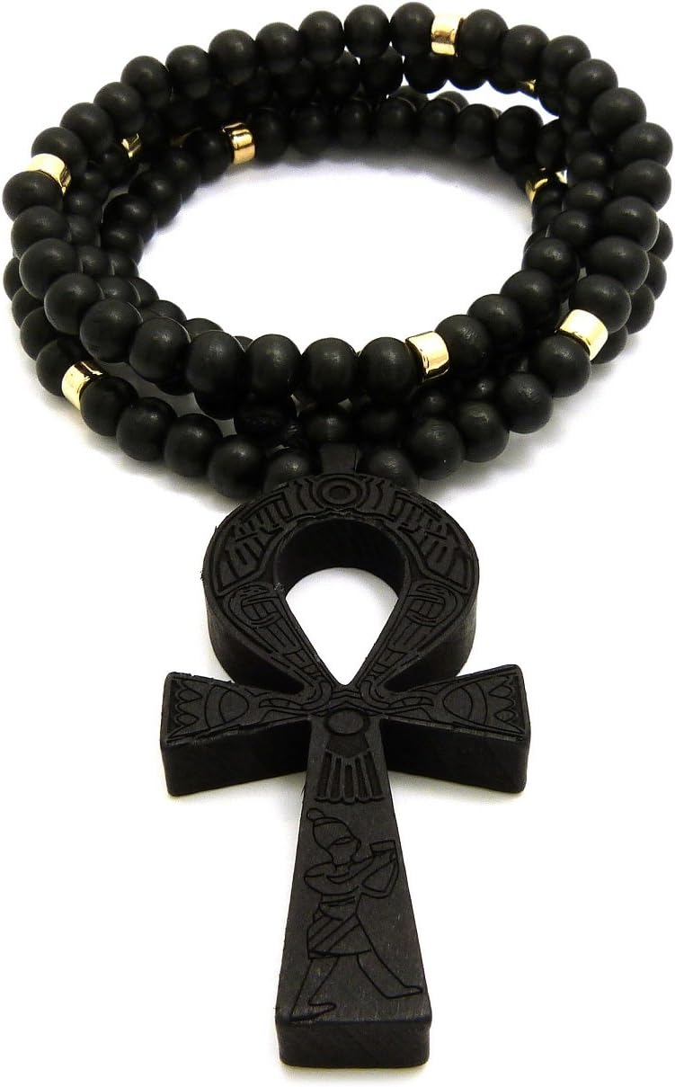 Fashion 21 Egypt Key of Life Ankh Pendant 8mm 36" Wooden Bead Necklace in Black, Brown Tone (Black/Black+Gold Wooden Bead)
