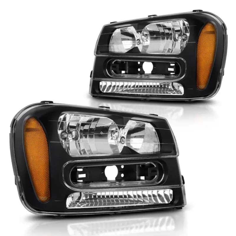 PENSUN Headlights Assembly Fit for 2002-2009 Chevy Trailblazer Pair of Headlamps Replacement (Black Housing with Amber Reflectors)