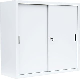 Schiebetürenschrank komplett montiert weiß 109x120x45cm Büro Aktenschrank Sideboard aus Stahl Schwebetürenschrank 550147