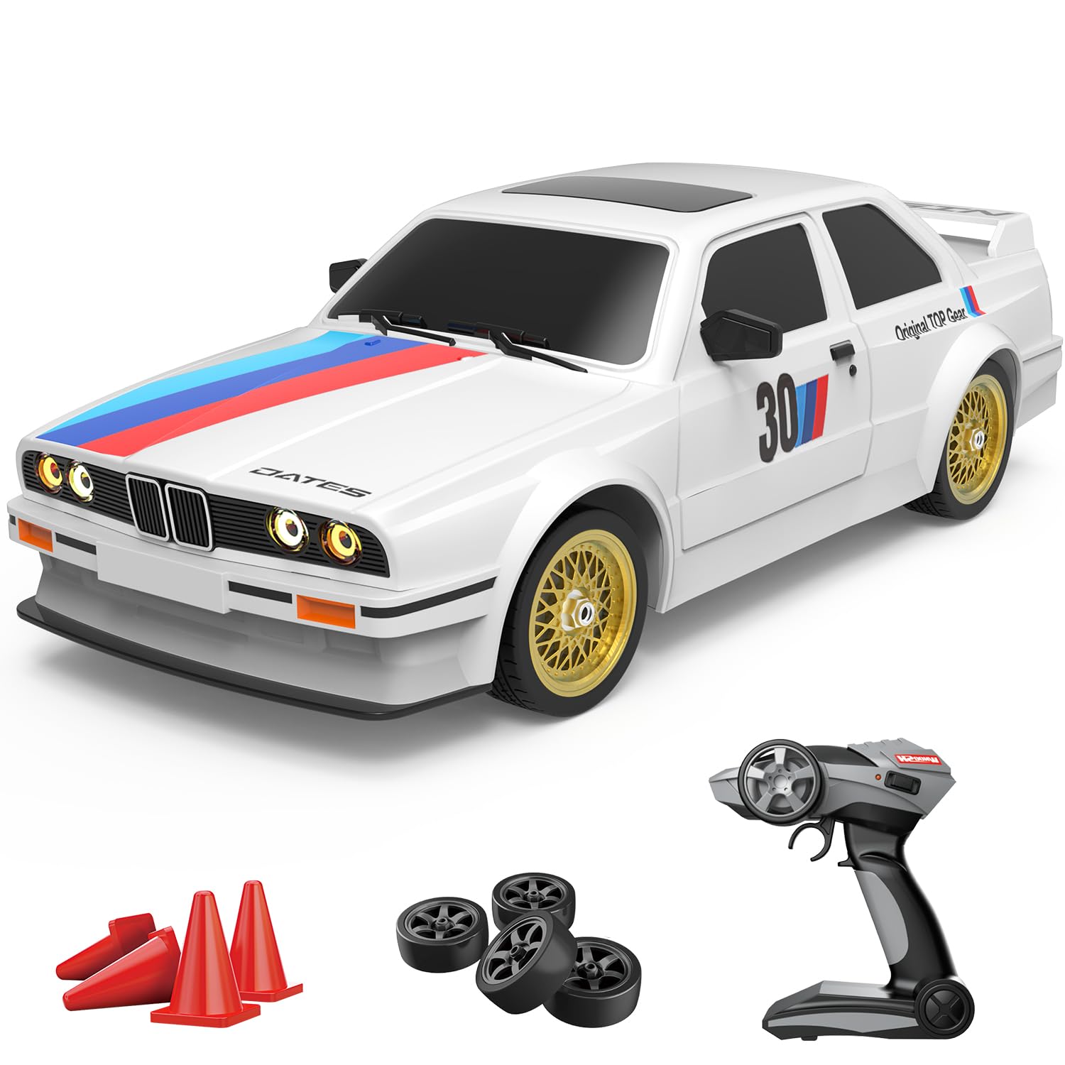 Mostop Remote Control Car 1/16 Scale RC Drift Car 2.4GHz 4WD High Speed 30+KM/H Classic Vehicle with LED Lights Drifting Tires Racing Vehicle Toys Gifts for Adults Boys, 2 Batteries