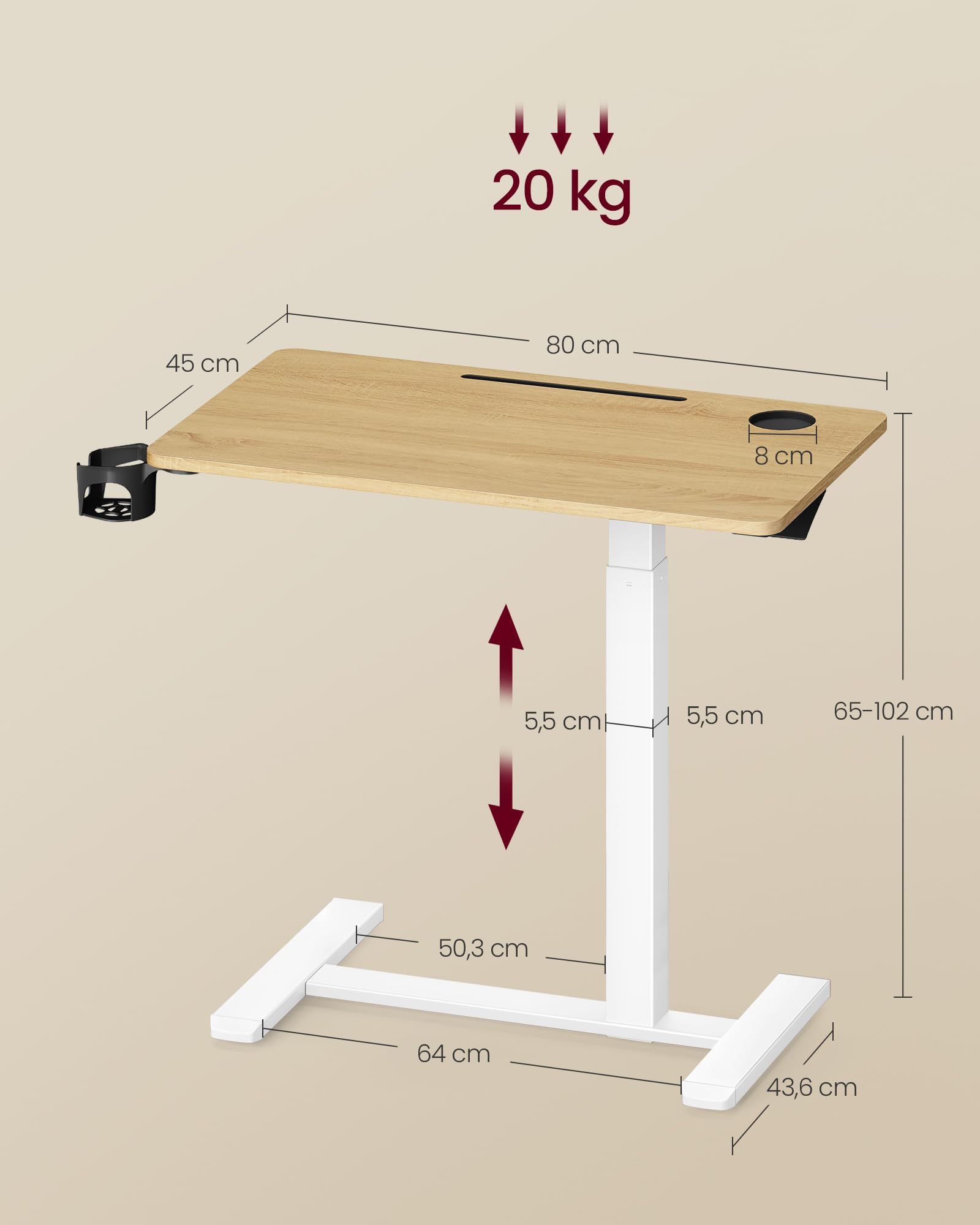VASAGLE Bureau Assis-Debout sur roulettes, Table Réglable en Hauteur 80x45 cm, Doré Chêne