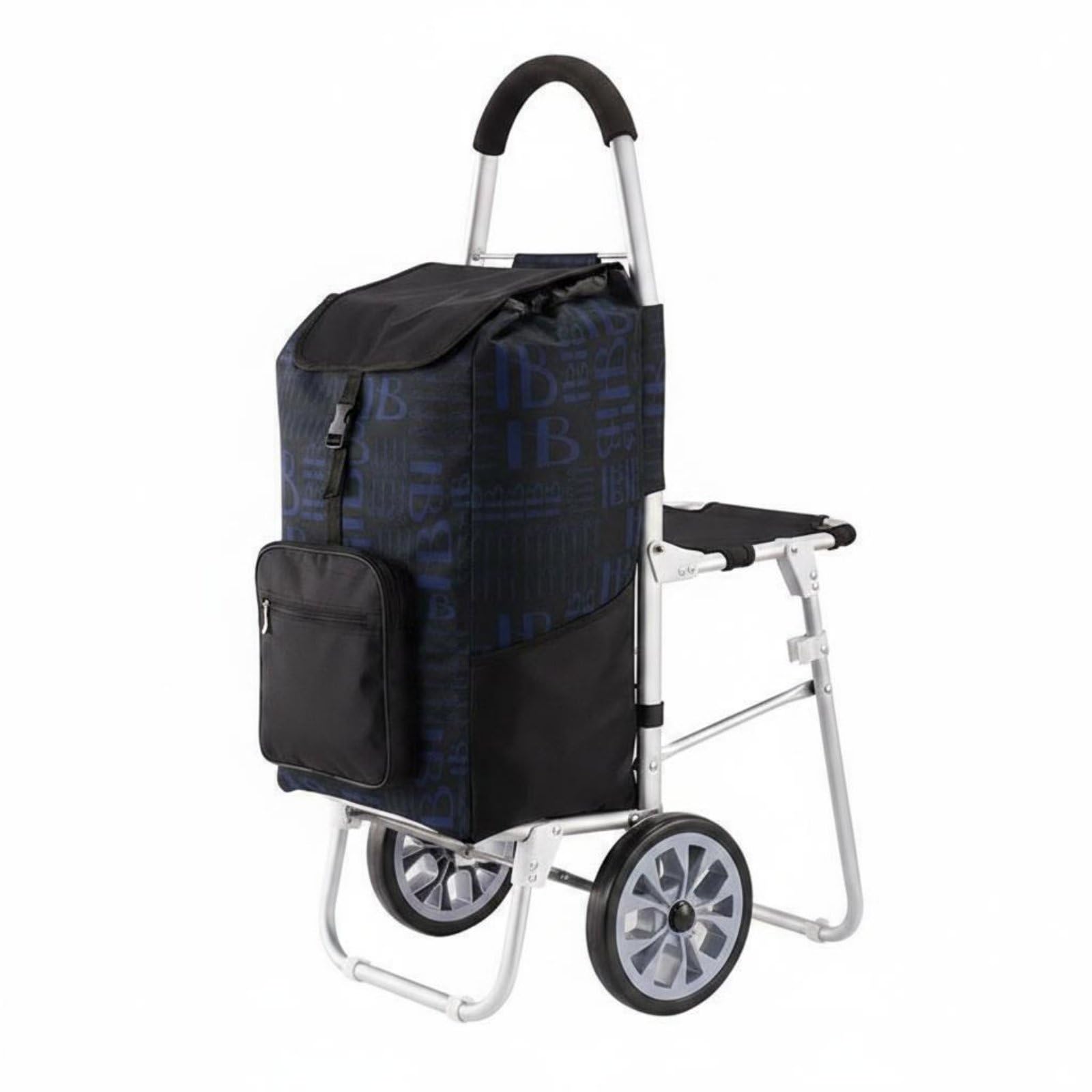 Milageto Carrello Pieghevole con Sedile Sedia Mobile Pieghevole Carrello Portatile per Struttura Leggera in Alluminio E Tessuto Resistente Oxford Adatto per, Blue Black, Flat Ground